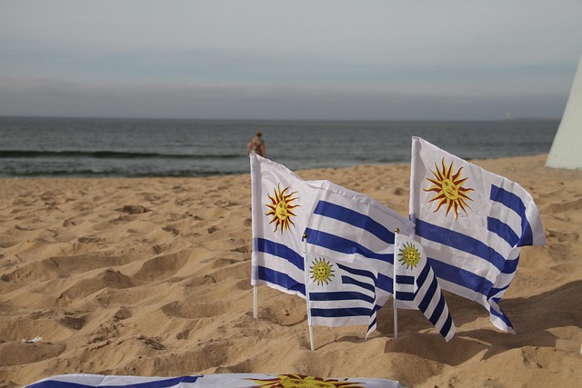 Bandeiras do Uruguai na areia da praia