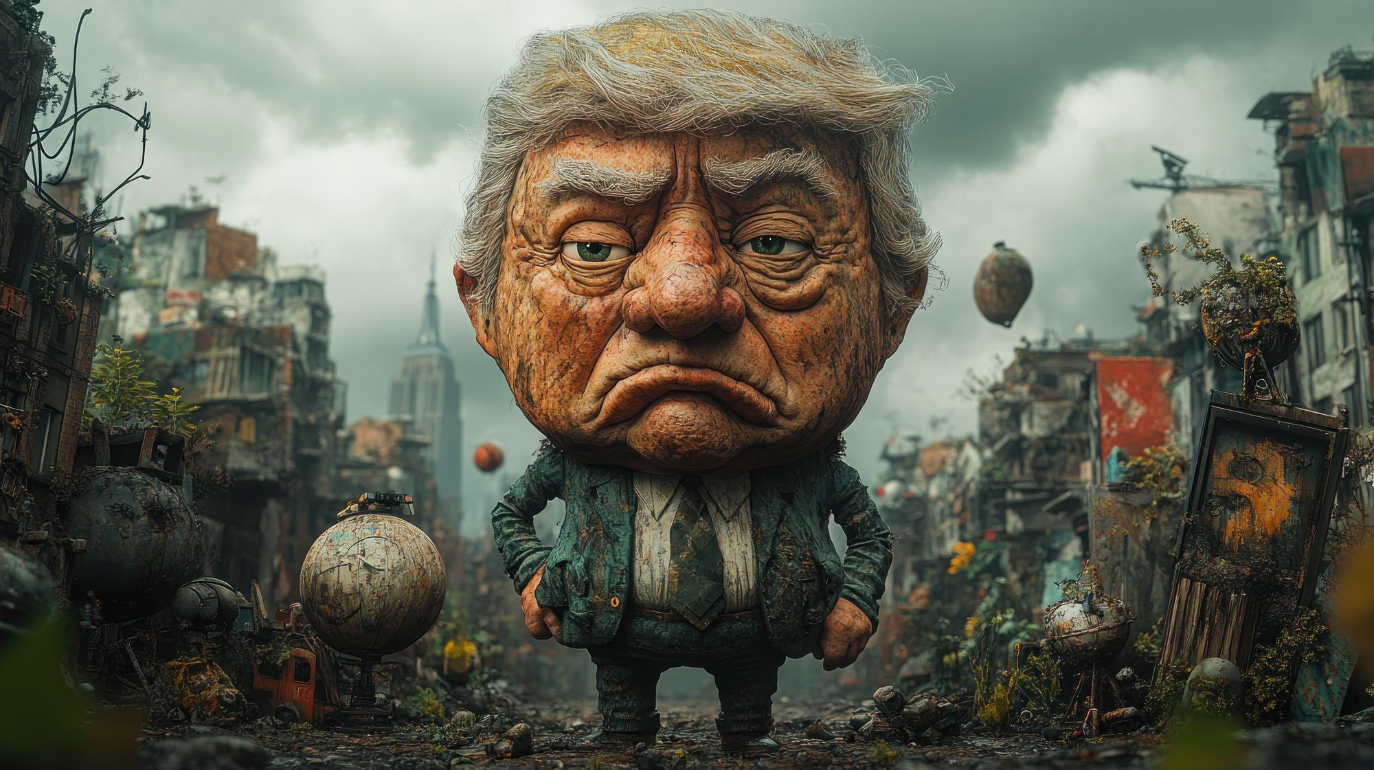 Caricatura de Trump: Desolação Urbana e Pós-Apocalíptica