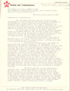 Carta endereçada aos membros da Sub-Secretaria dos Ecologistas do PT, formalizando a criação da Secretaria Nacional de Meio Ambiente do PT