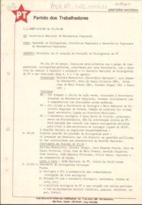 Circular Interna SNMP-019/88 contendo o relatório da 1ª reunião da Comissão de Ecologistas do PT
