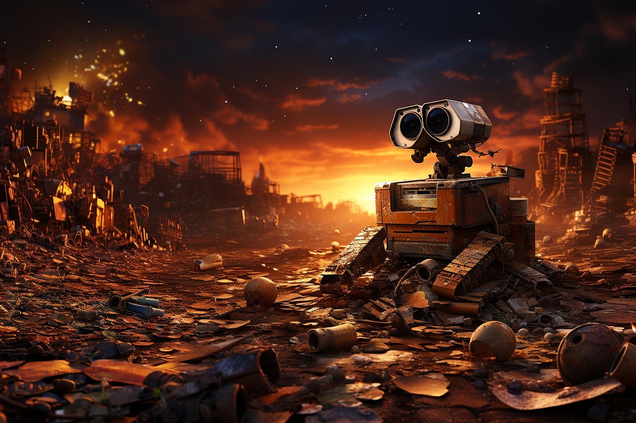 WALL-E em Terra Pós-Apocalíptica ao Pôr do Sol